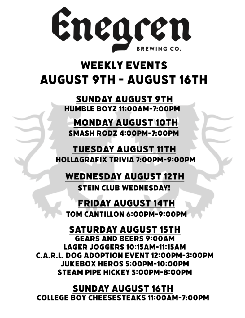 Poster for a brewery's weekly events schedule with bold dates (Aug 9–16) and day-by-day listings.