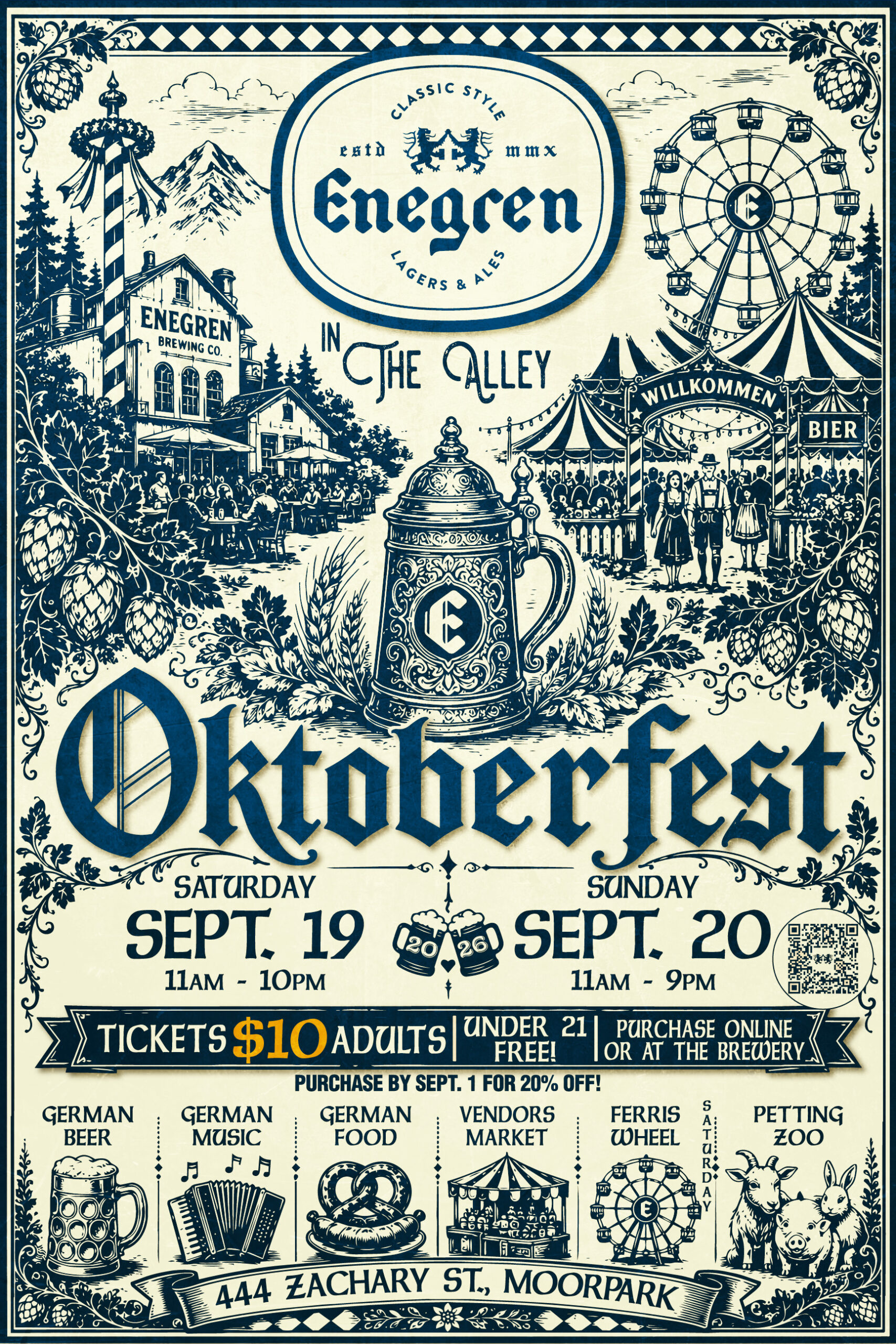 Poster-style Oktoberfest event with beer imagery, ferris wheel, tents, and German decorations announcing Sept 19–20 festival hours.