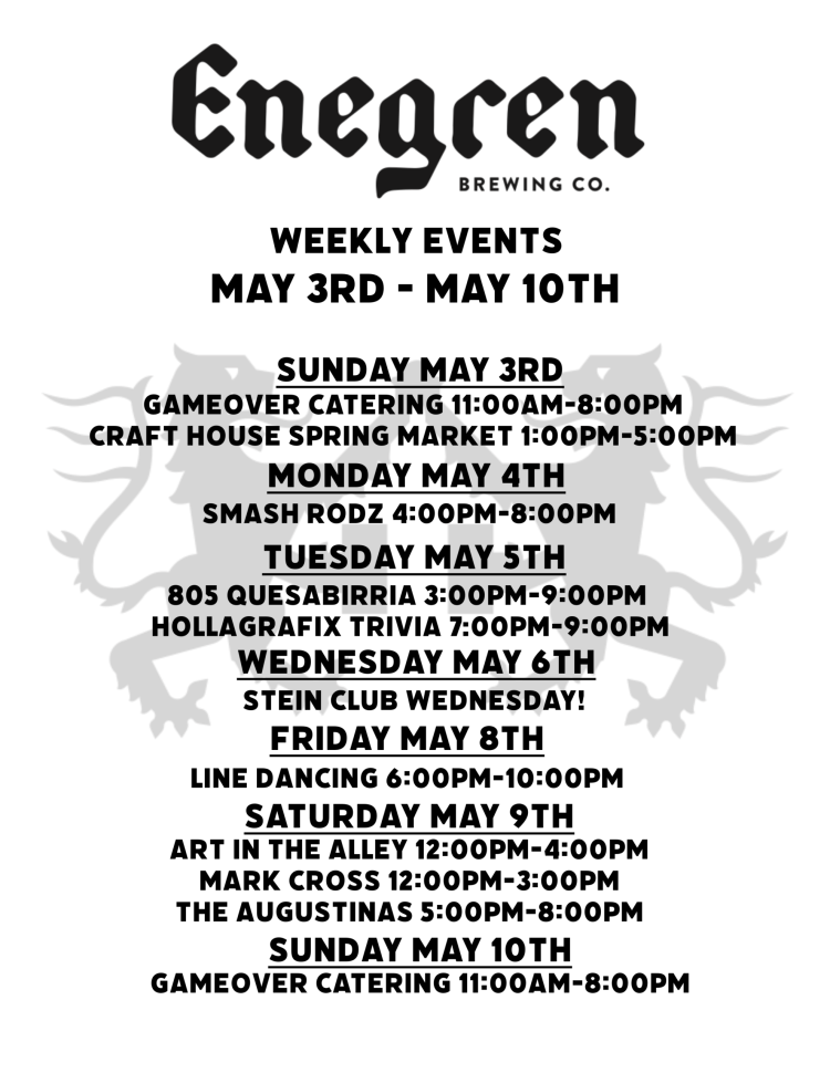 Engagen Brewing Co logo with bold 'WEEKLY EVENTS' headline and a list of events for May 3–10.