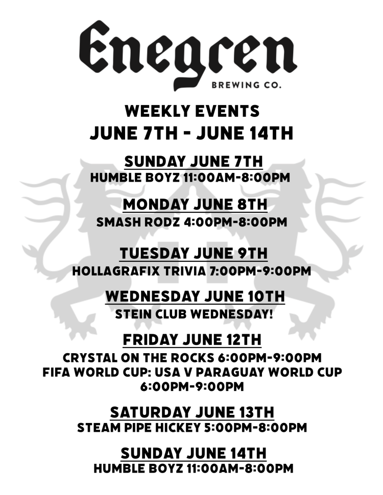 Poster for Engreen Brewing Co. listing weekly events with dates and venues (a timeline-style event calendar).