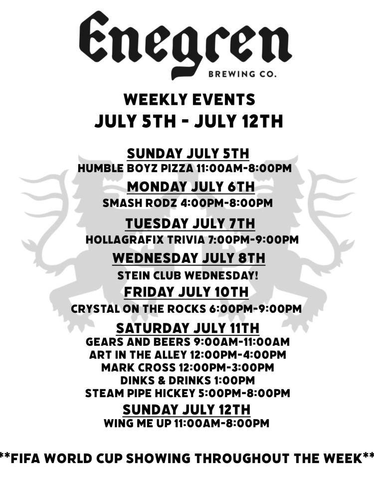 Poster for a brewery's weekly events with bold July 5–12 schedule and a decorative logo at the top (no people shown).